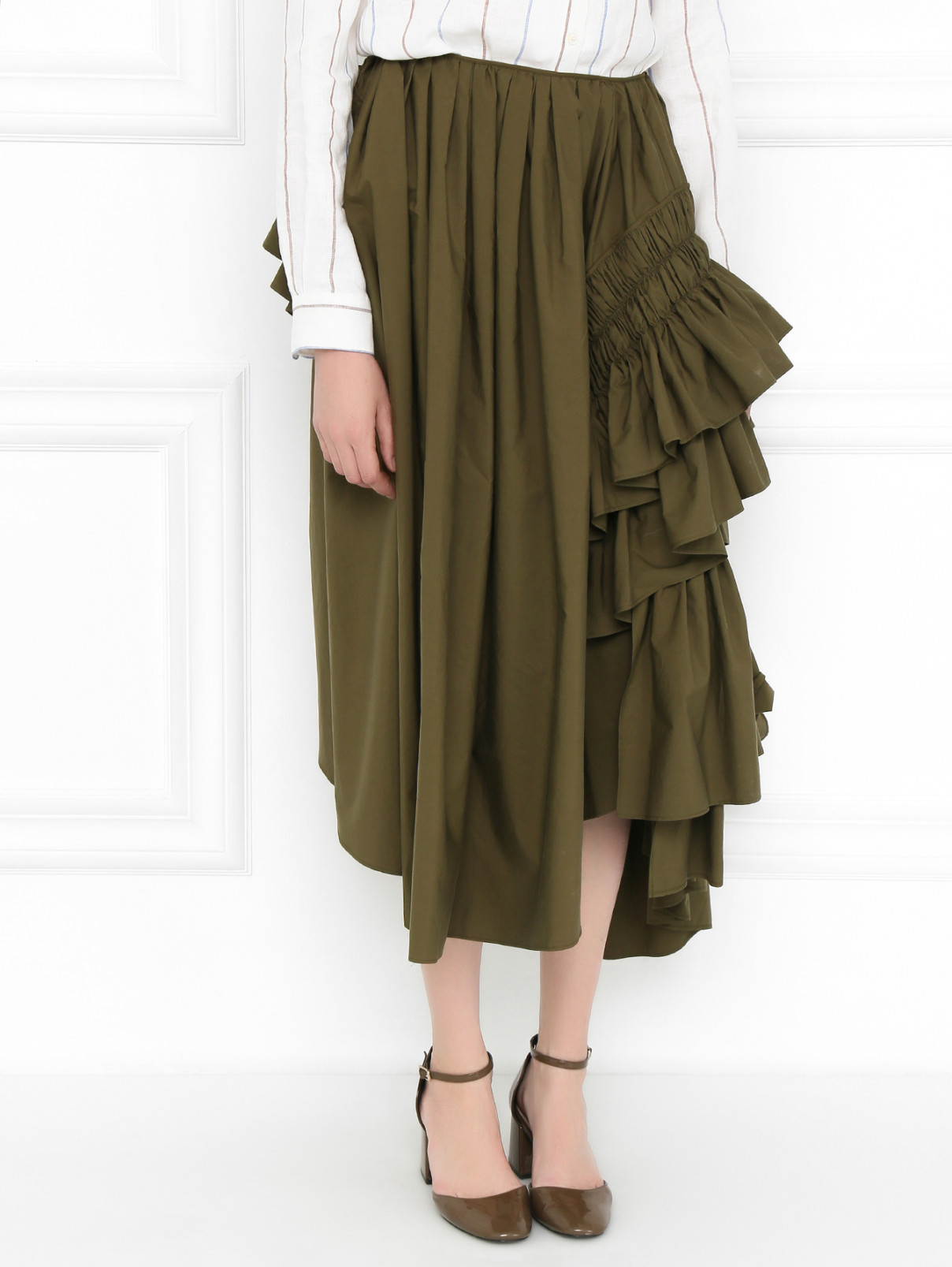 Юбка миди из хлопка с воланами Jil Sander  –  МодельВерхНиз  – Цвет:  Зеленый
