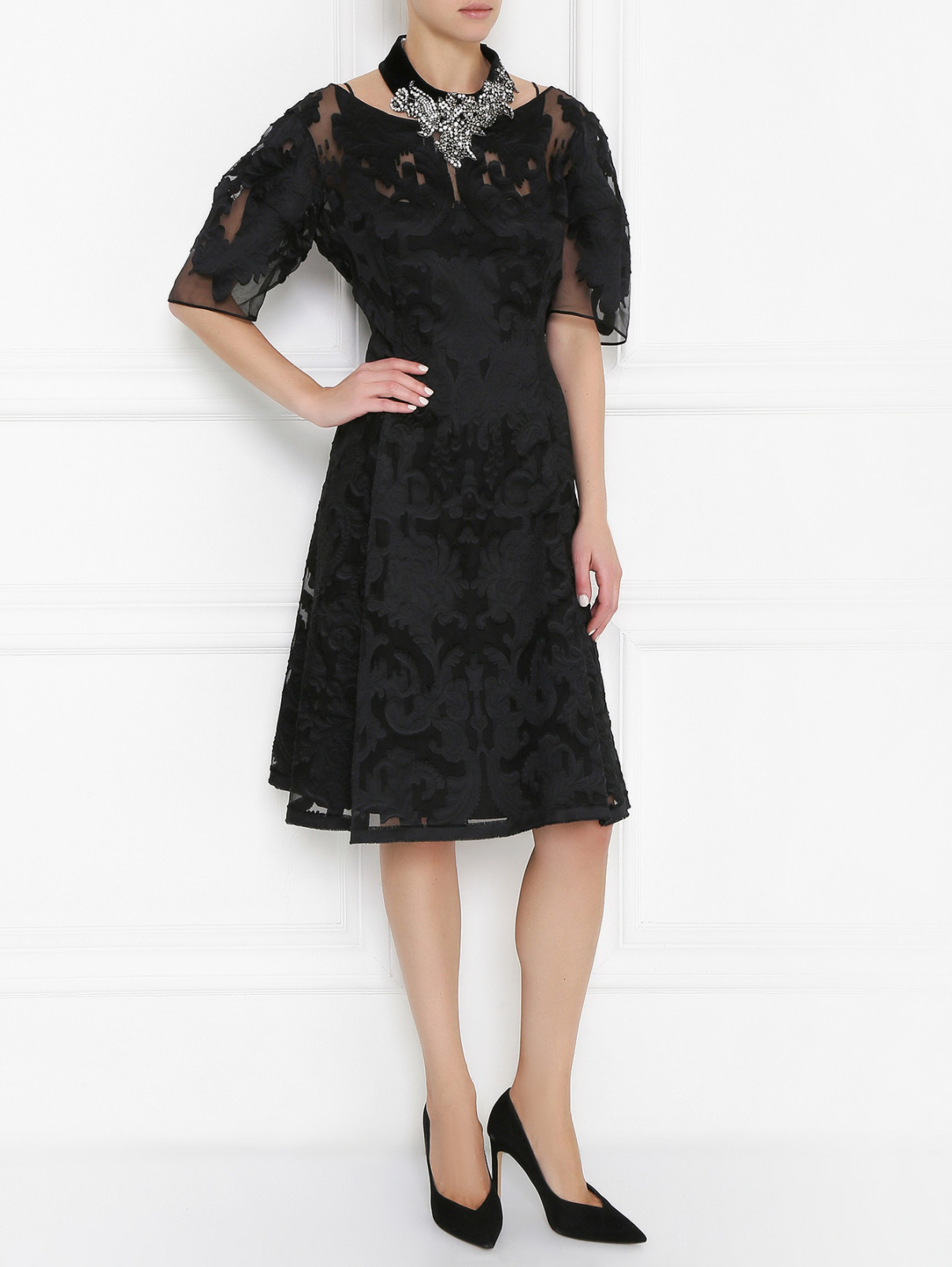 Платье из смешанного шелка с узором Alberta Ferretti  –  Модель Общий вид  – Цвет:  Черный