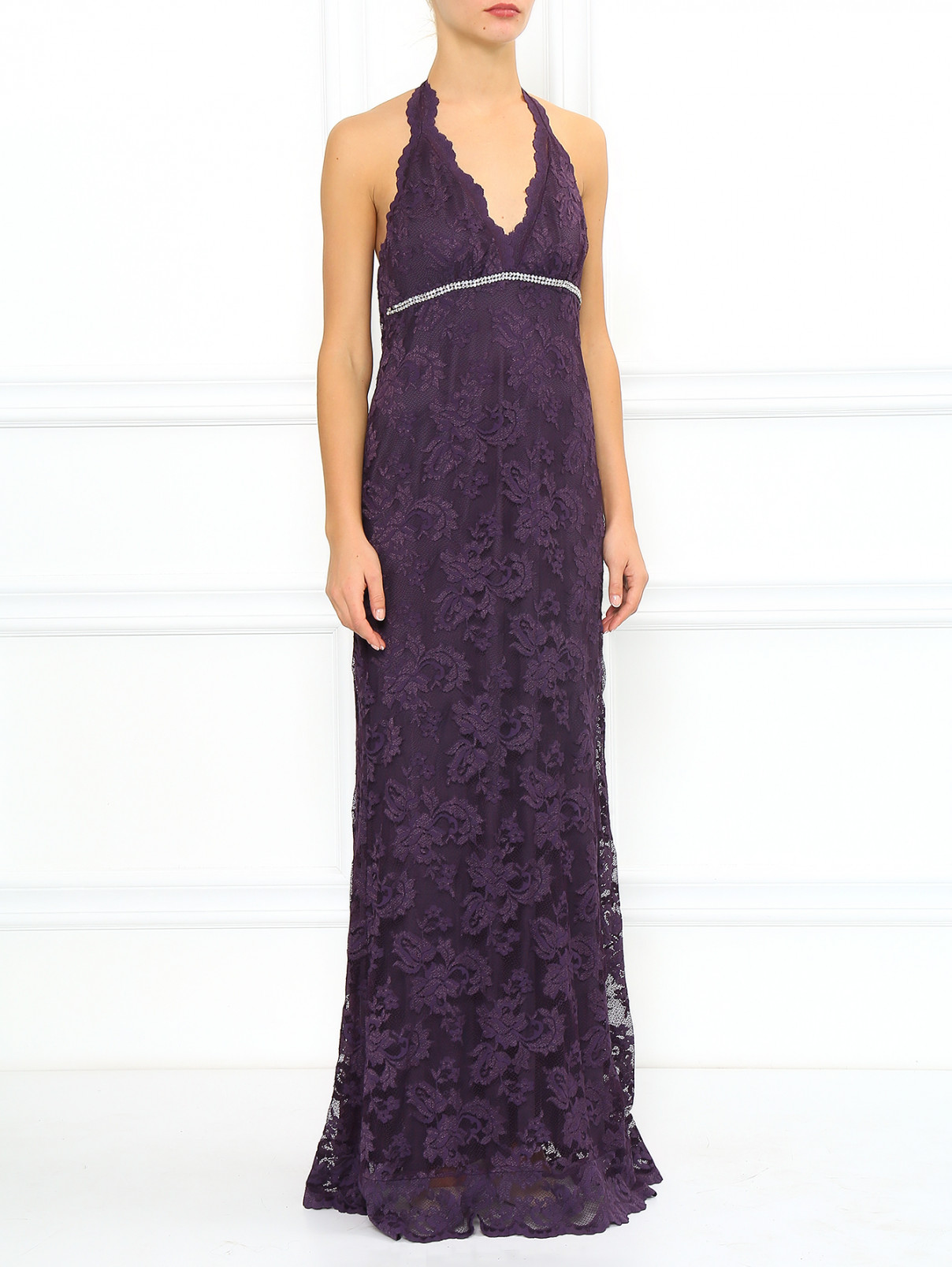 Платье_макси из гипюра декорированное стразами Olvi's  –  Модель Общий вид  – Цвет:  Фиолетовый