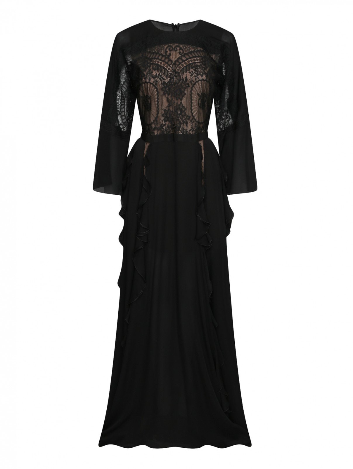 Платье-макси из шелка с кружевной отделкой Zuhair Murad  –  Общий вид  – Цвет:  Черный