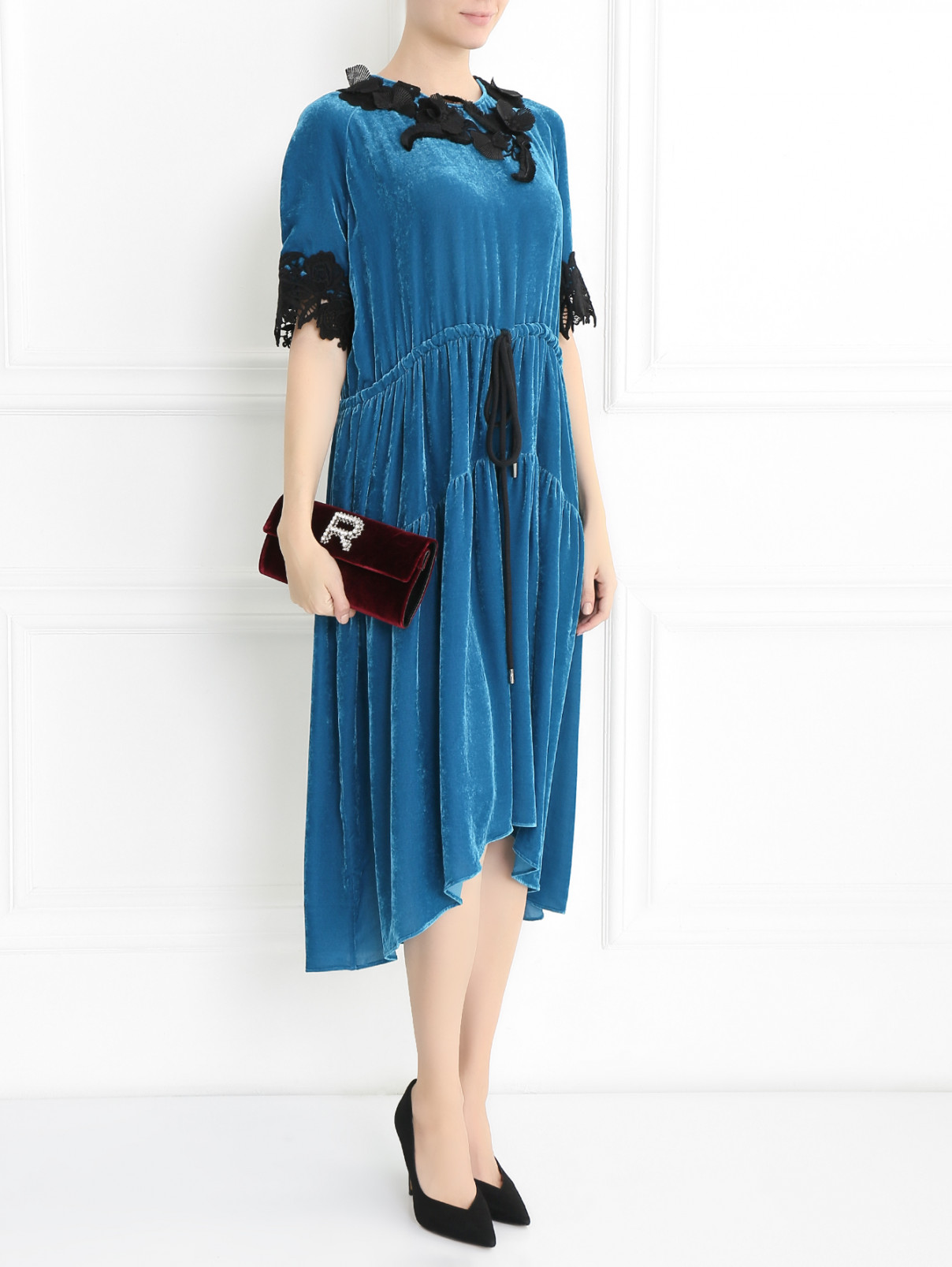 Платье-миди из бархата с кружевной отделкой Antonio Marras  –  Модель Общий вид  – Цвет:  Синий