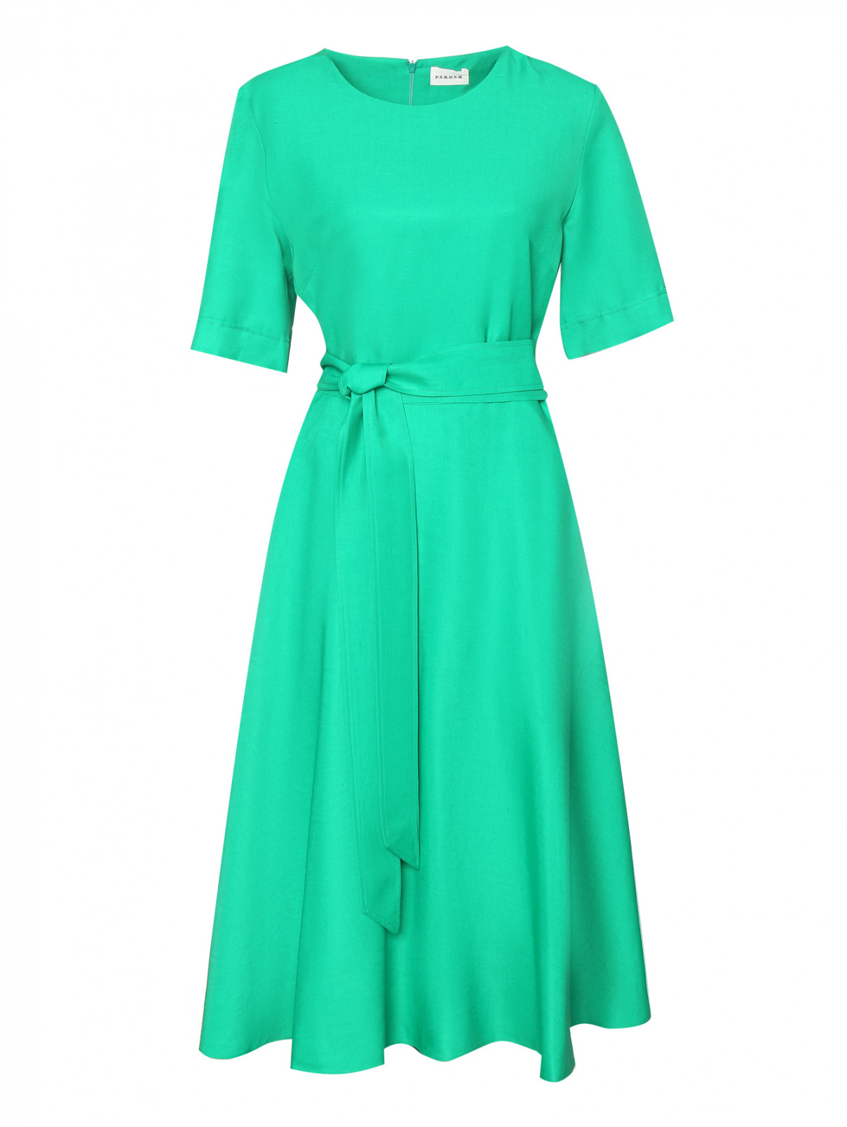 Платье из вискозы и льна на поясе P.A.R.O.S.H.  –  Общий вид  – Цвет:  Зеленый