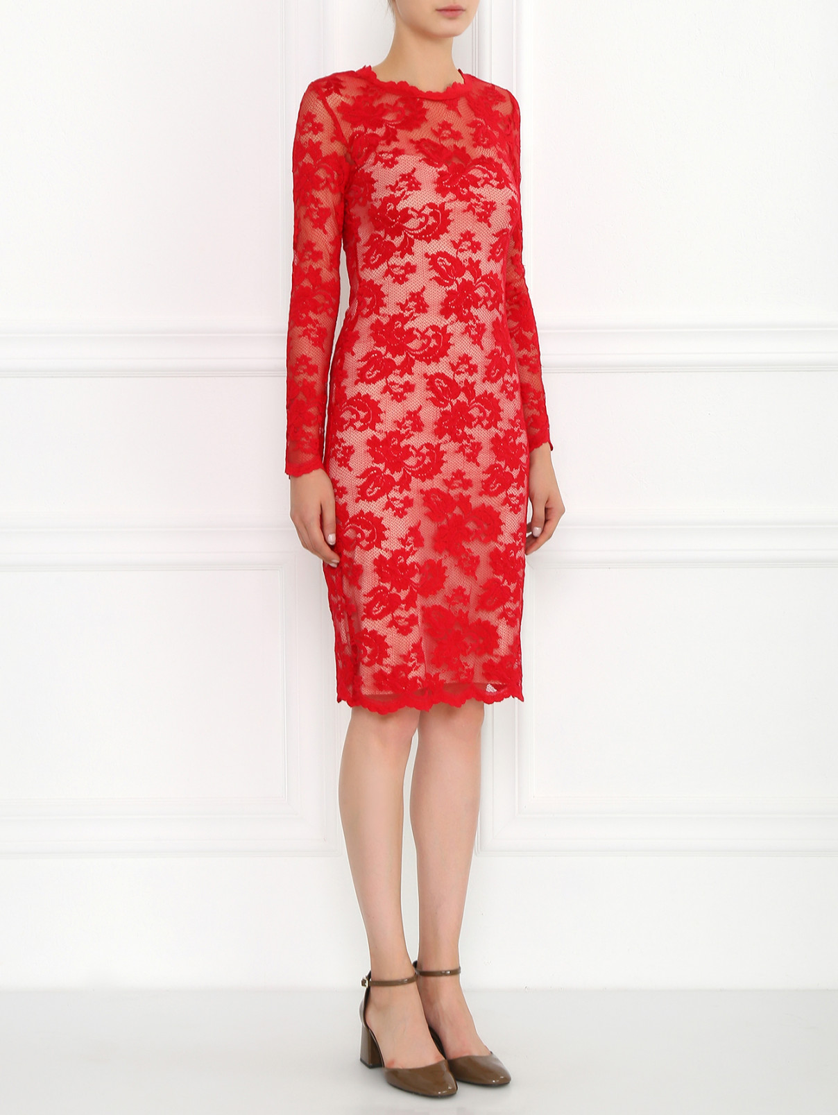 Платье-футляр из кружевной ткани Olvi's  –  Модель Общий вид  – Цвет:  Красный