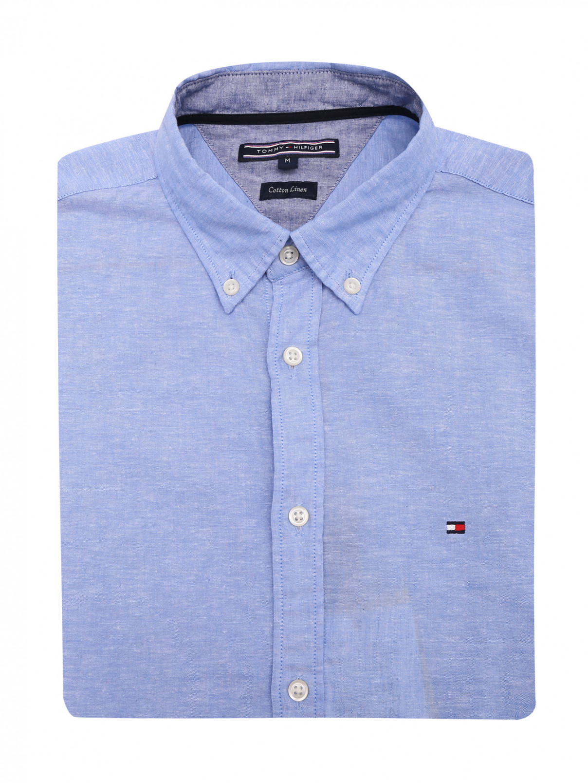 Рубашка из хлопка и льна с коротким рукавом Tommy Hilfiger  –  Общий вид  – Цвет:  Синий