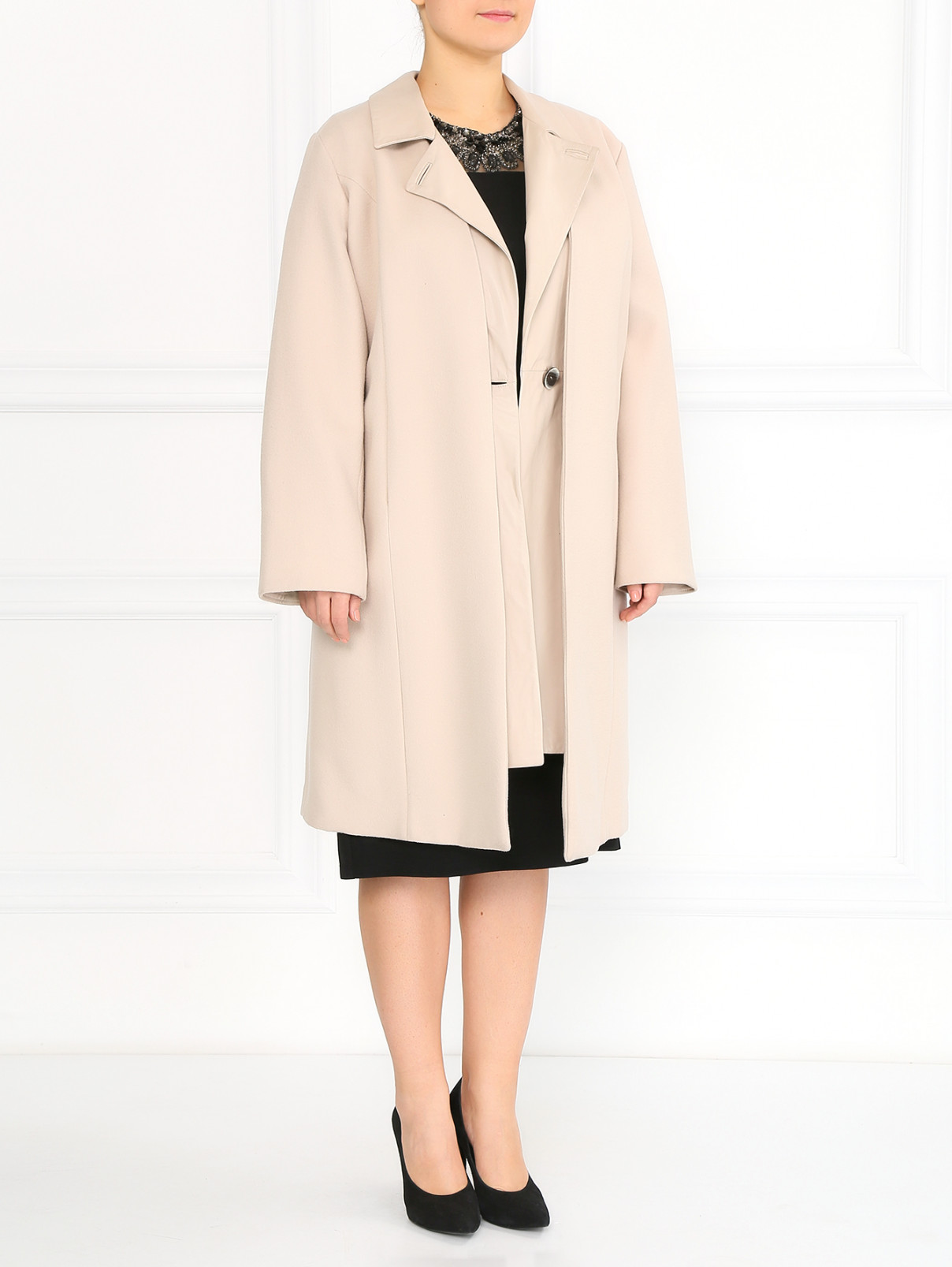 Пальто из шерсти с кожаным жилетом в комплекте Marina Rinaldi  –  Модель Общий вид  – Цвет:  Бежевый
