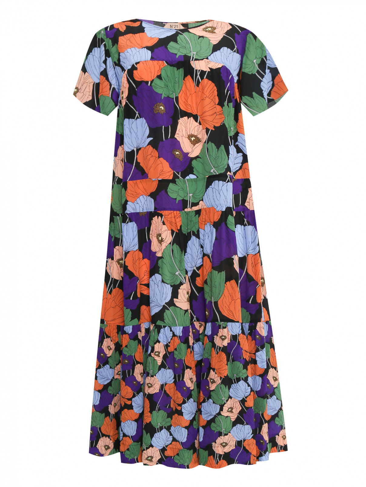 Платье-миди из шелка свободного кроя с узором N21  –  Общий вид  – Цвет:  Узор