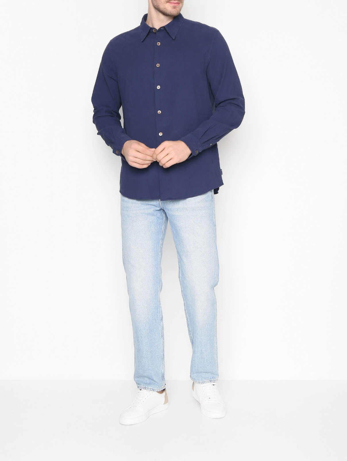 Однотонная рубашка из хлопка Paul Smith  –  МодельОбщийВид  – Цвет:  Синий