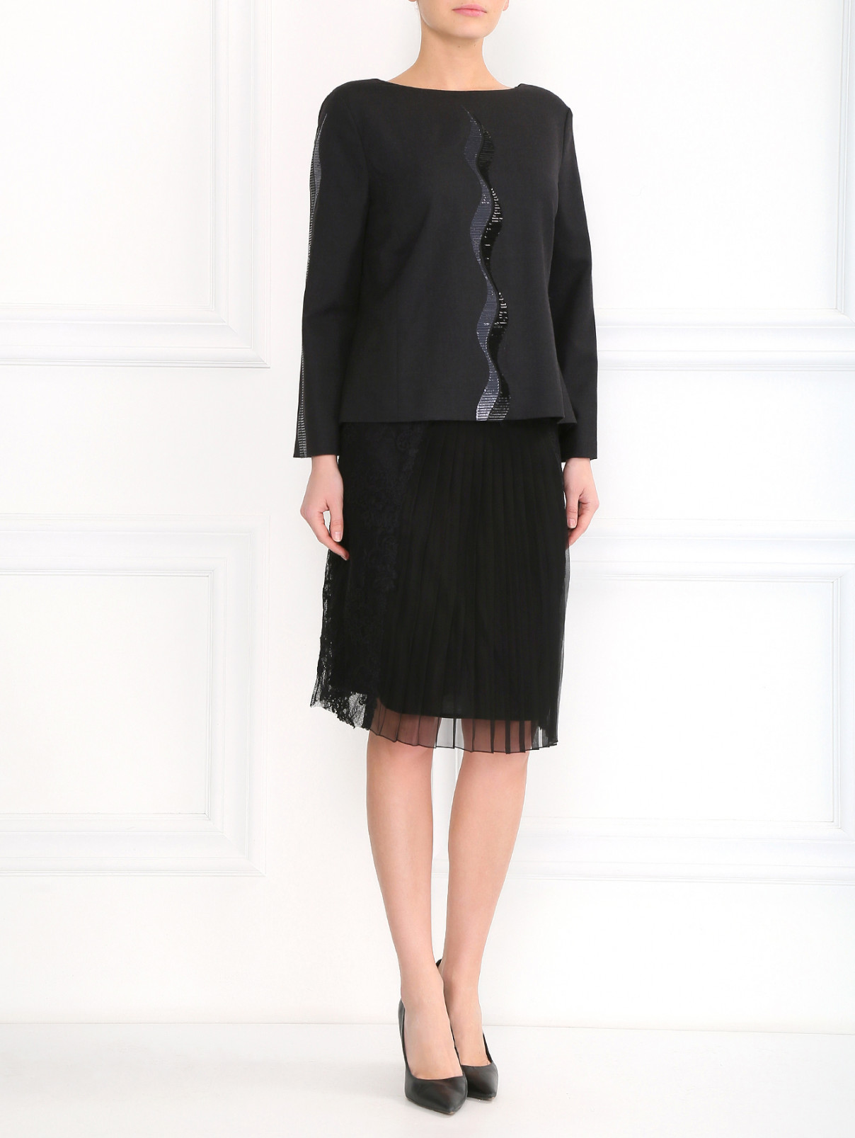 Блуза из шерсти с пайетками и завязками на спине Alberta Ferretti  –  Модель Общий вид  – Цвет:  Серый