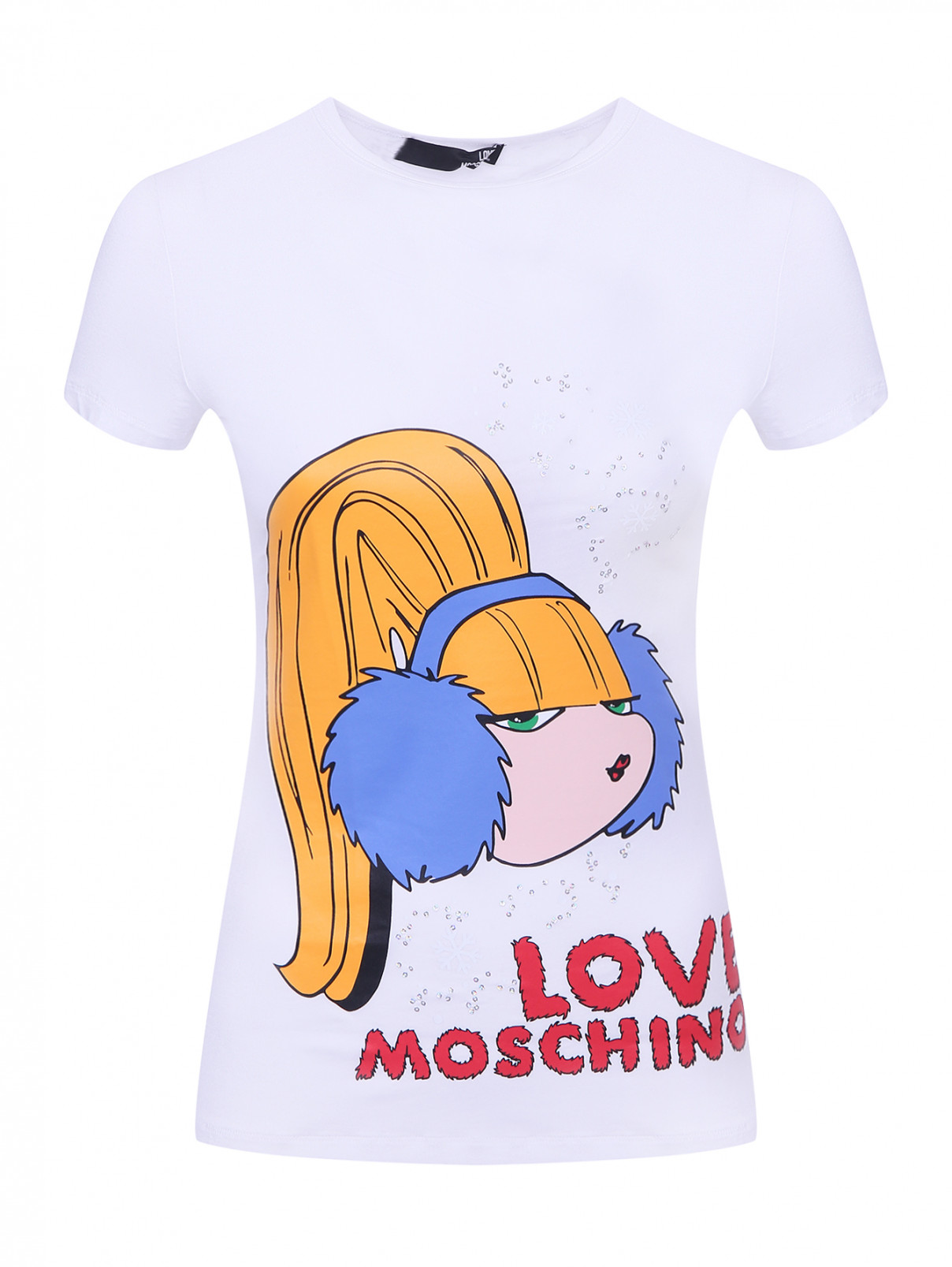 Трикотажная футболка с принтом и пайетками Love Moschino  –  Общий вид  – Цвет:  Белый