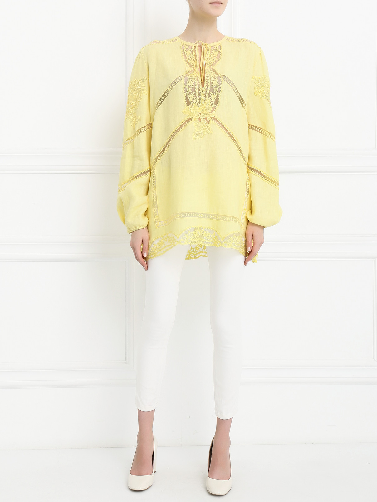 Блуза из льна с полупрозрачными вставками Ermanno Scervino  –  Модель Общий вид  – Цвет:  Желтый