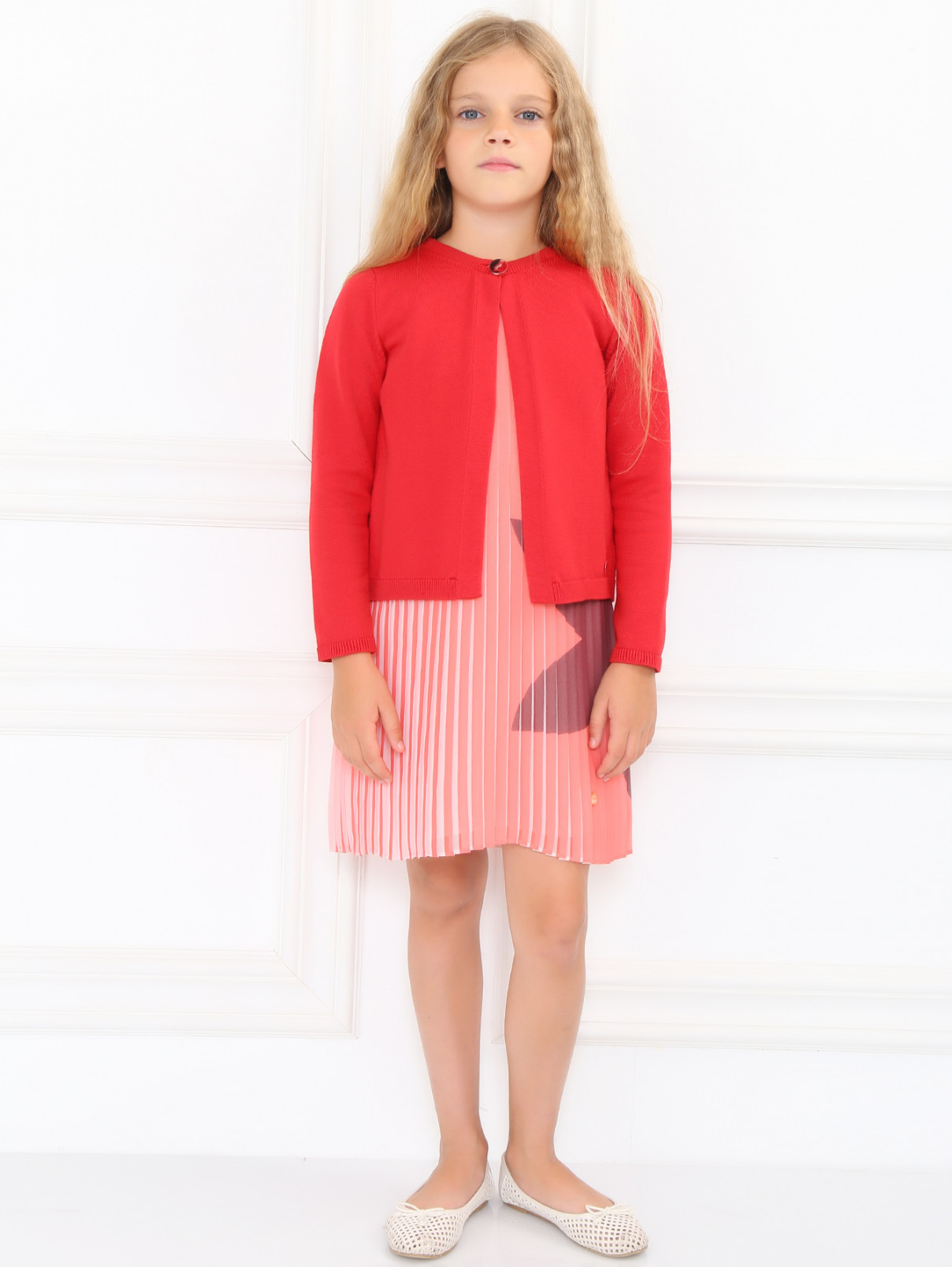 Кардиган из смешанного хлопка с декоративной пуговицей Baby Dior  –  Модель Общий вид  – Цвет:  Красный
