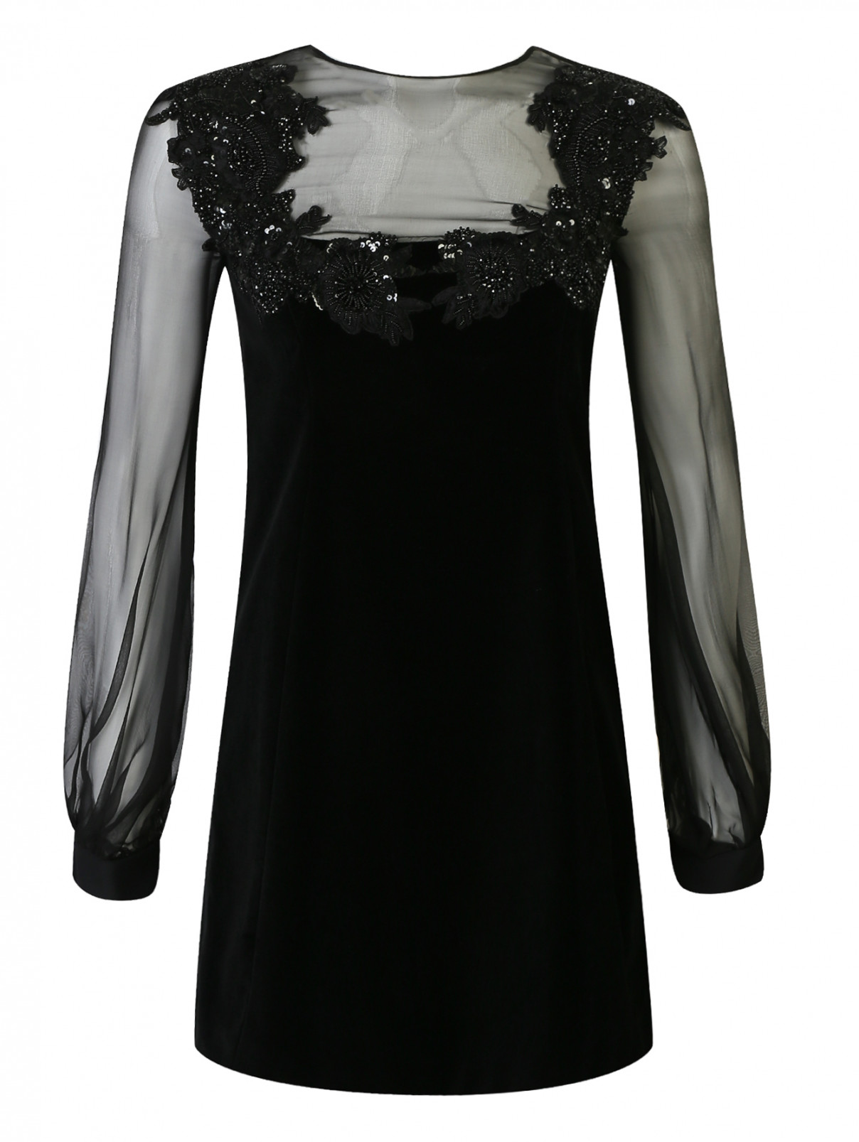 Платье-мини из бархата с шифоновыми рукавами Zuhair Murad  –  Общий вид  – Цвет:  Черный