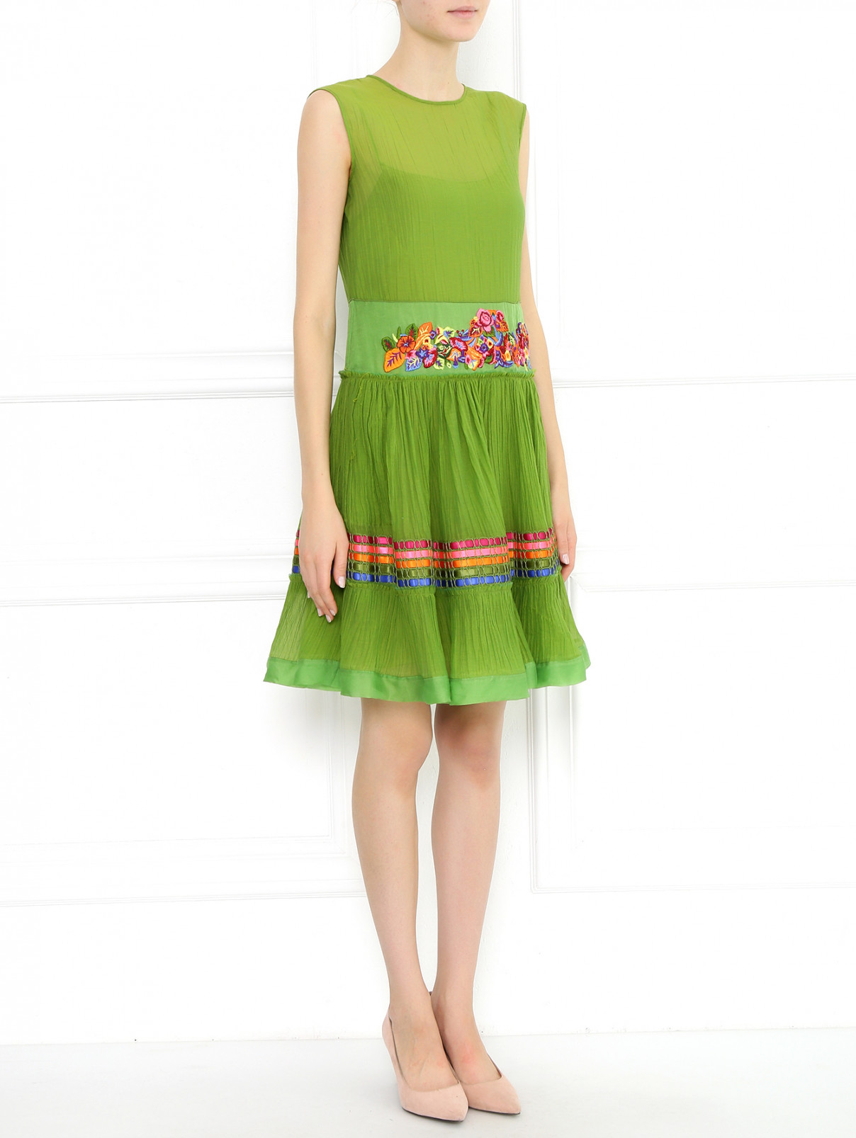 Платье из хлопка и шелка декорированное вышивкой Alberta Ferretti  –  Модель Общий вид  – Цвет:  Зеленый