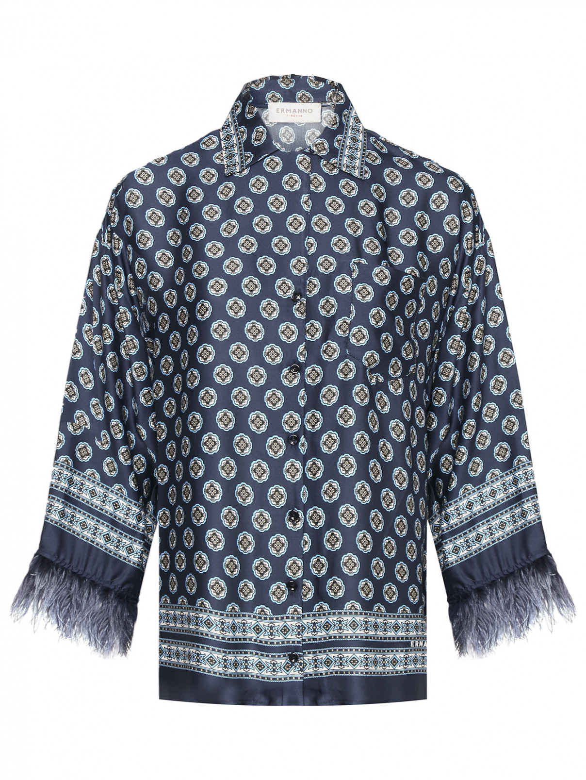Блуза с узором и перьями Ermanno Firenze  –  Общий вид  – Цвет:  Синий
