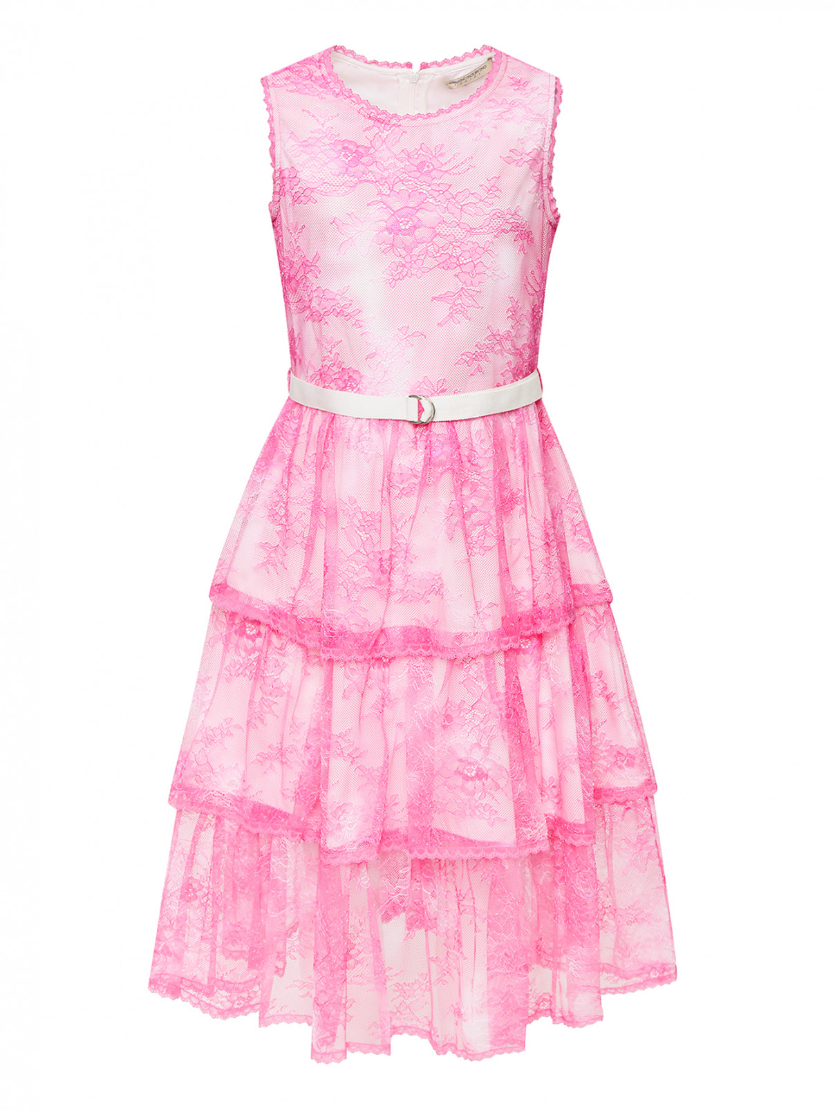 Кружевное платье с поясом Ermanno Scervino Junior  –  Общий вид  – Цвет:  Розовый