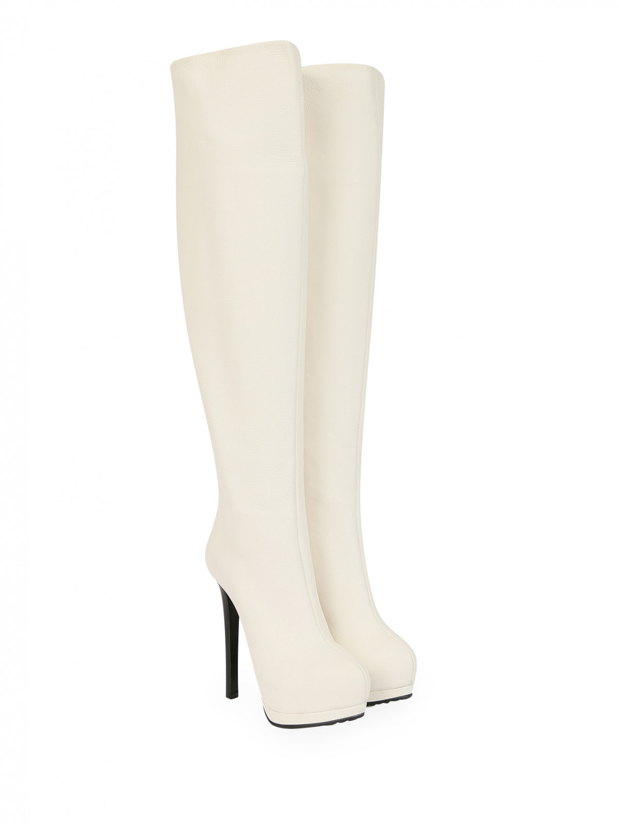 Сапоги-ботфорты из кожи на высоком каблуке и платформе Giuseppe Zanotti  –  Общий вид  – Цвет:  Белый
