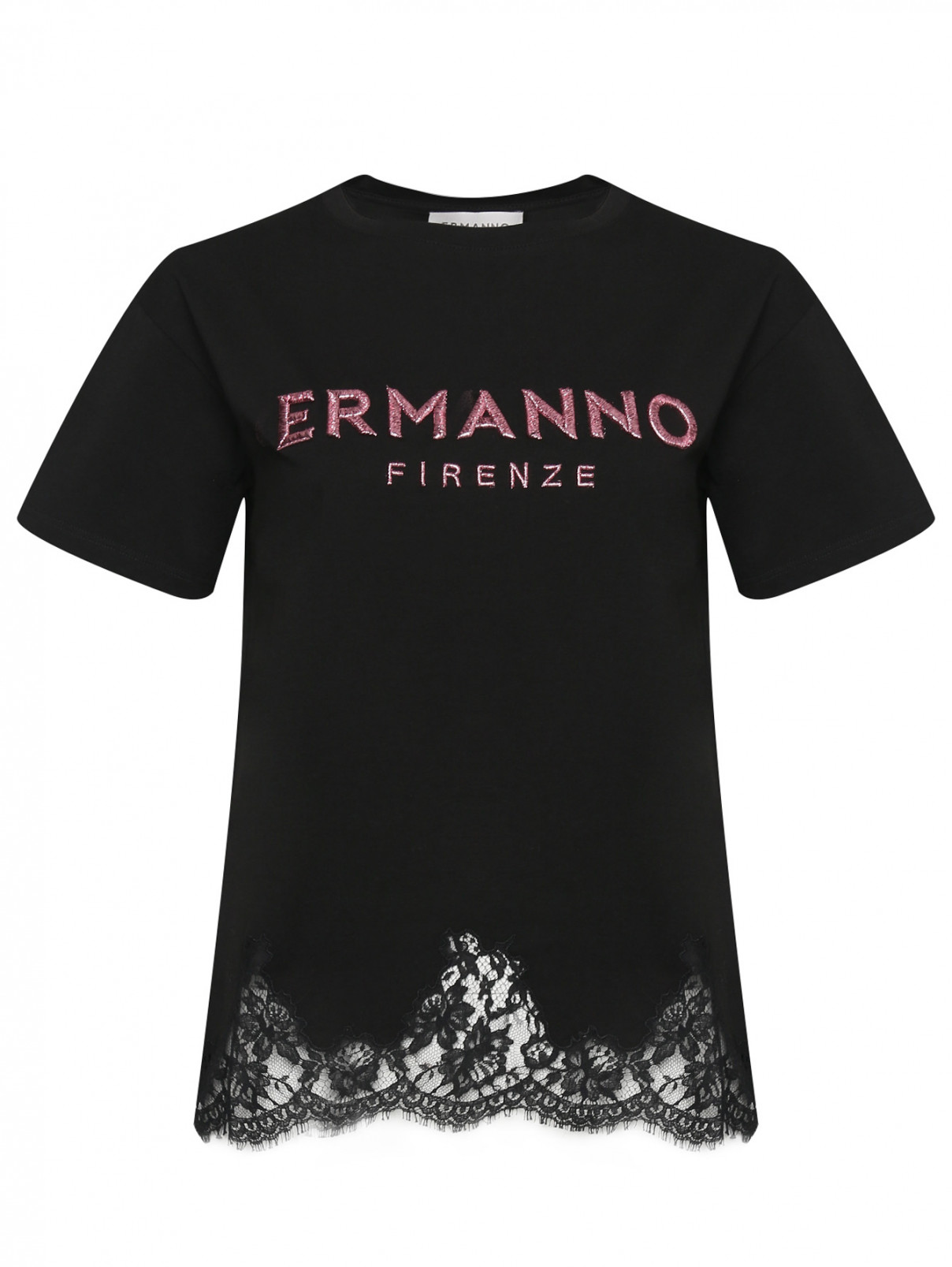 Футболка с аппликацией и кружевной отделкой Ermanno Firenze  –  Общий вид  – Цвет:  Черный