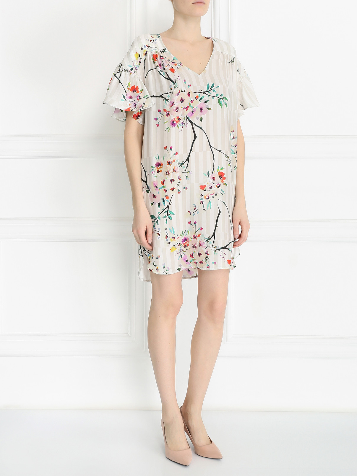 Платье прямого кроя из шелка с цветочным узором Paul&Joe  –  Модель Общий вид  – Цвет:  Белый