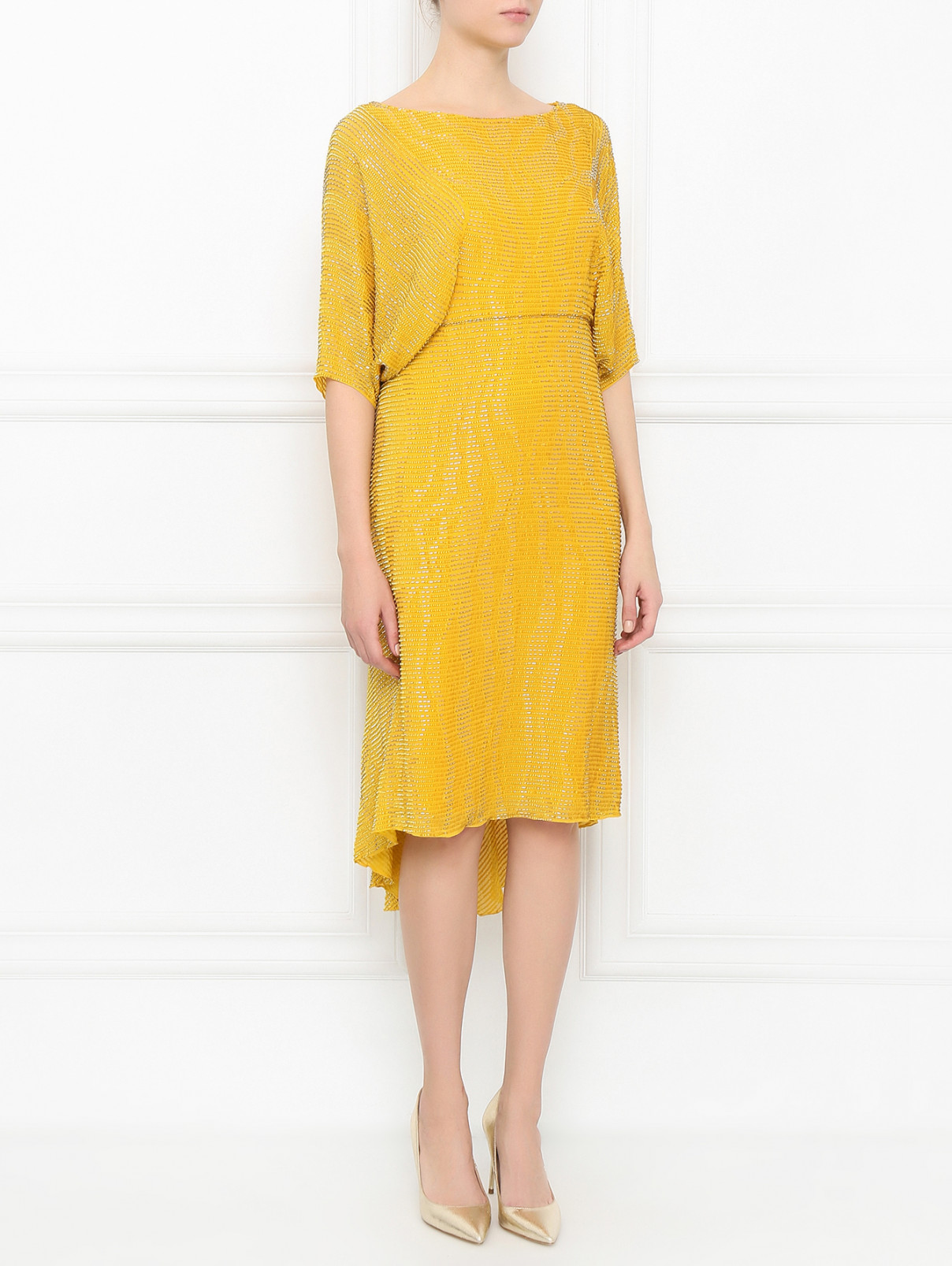 Платье-миди декорированное бисером Jenny Packham  –  Модель Верх-Низ  – Цвет:  Золотой