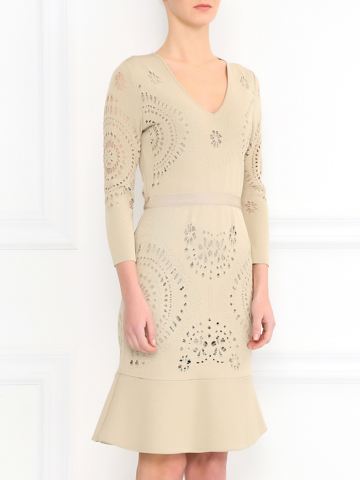 Трикотажное платье-миди фактурной вязки Giambattista Valli  –  Модель Верх-Низ  – Цвет:  Бежевый