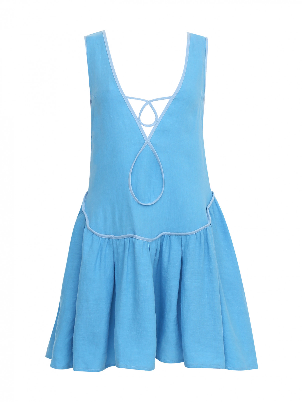 Платье-мини изо льна с контрастной отделкой A mere Co  –  Общий вид  – Цвет:  Синий