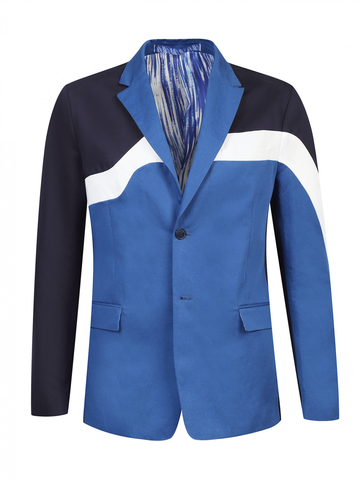 Пиджак из хлопка и льна с контрастными вставками Kenzo  –  Общий вид  – Цвет:  Синий