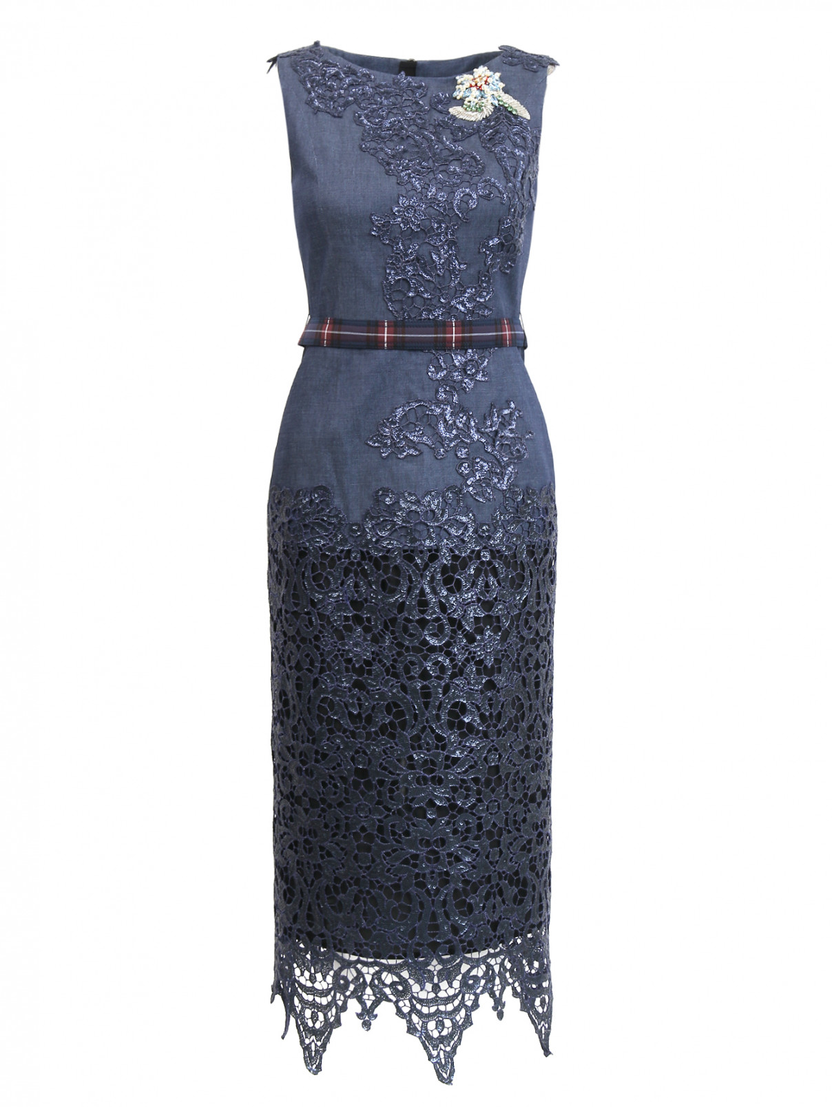 Платье футляр на поясе ,с аппликацией и отделкой из кружева Antonio Marras  –  Общий вид  – Цвет:  Синий
