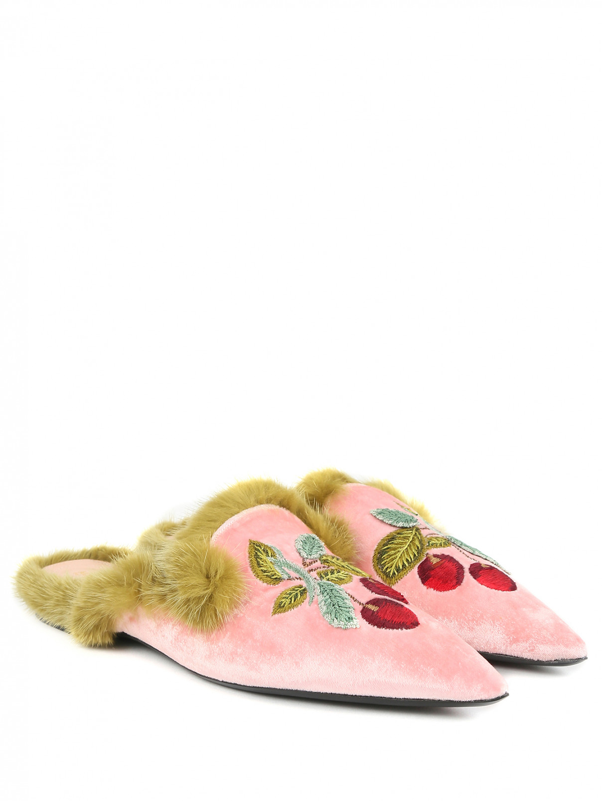 Мюли из бархата с вышивкой и декоративной меховой отделкой Alberta Ferretti  –  Общий вид  – Цвет:  Розовый
