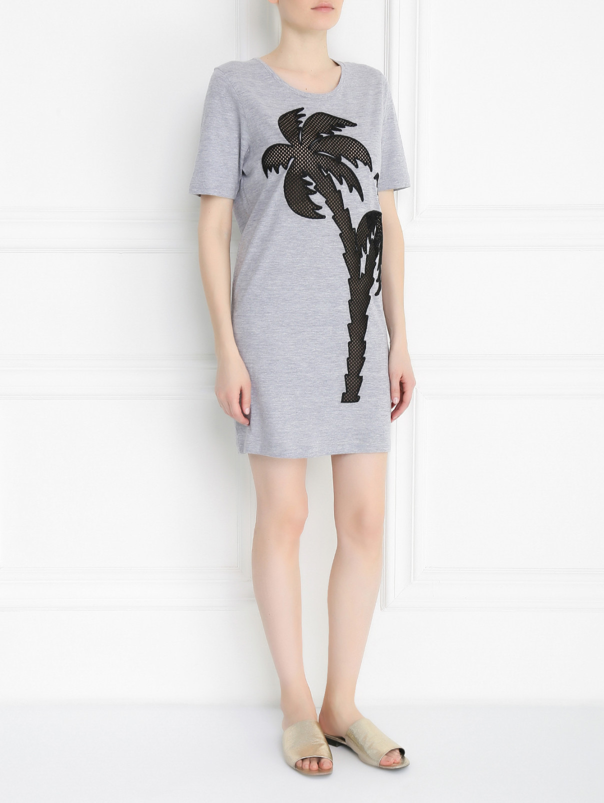 Платье-футболка из хлопка и вискозы с декоративной отделкой Dsquared2  –  Модель Общий вид  – Цвет:  Серый