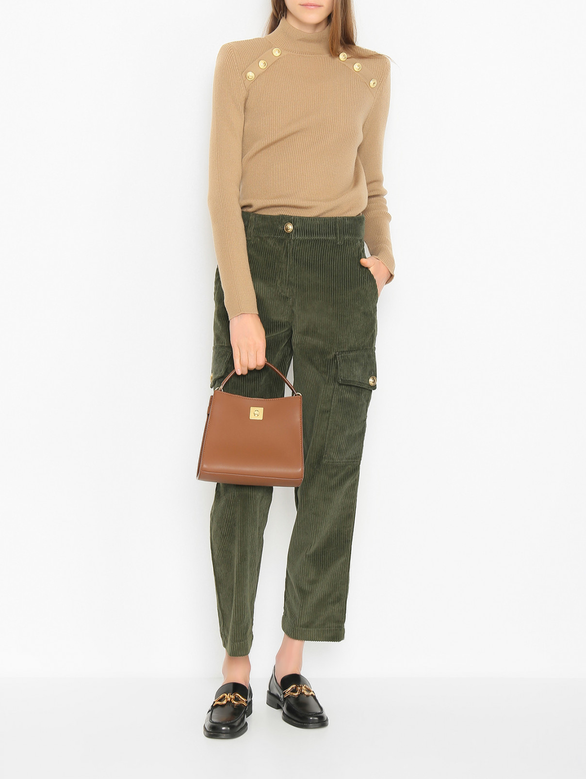Хлопковые брюки с карманами и поясом сзади Luisa Spagnoli  –  МодельОбщийВид  – Цвет:  Зеленый