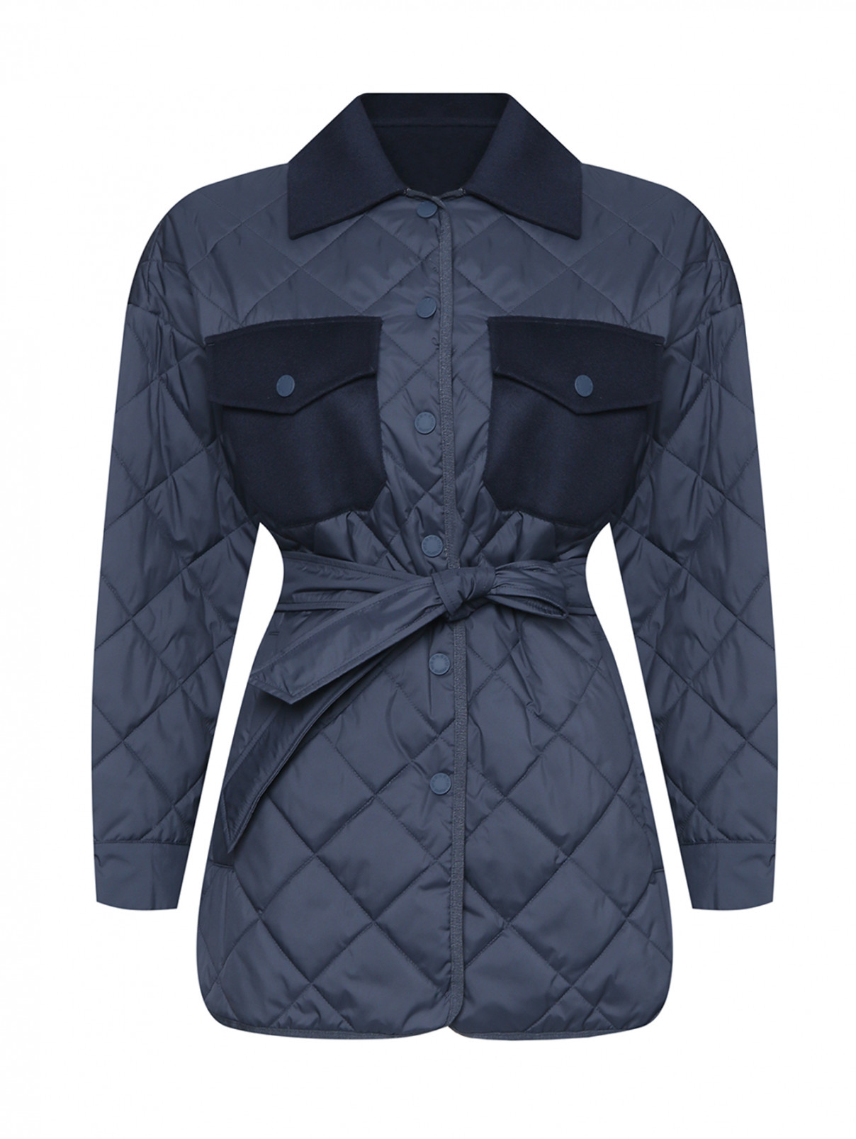 Комбинированная куртка с поясом и карманами Weekend Max Mara  –  Общий вид  – Цвет:  Синий