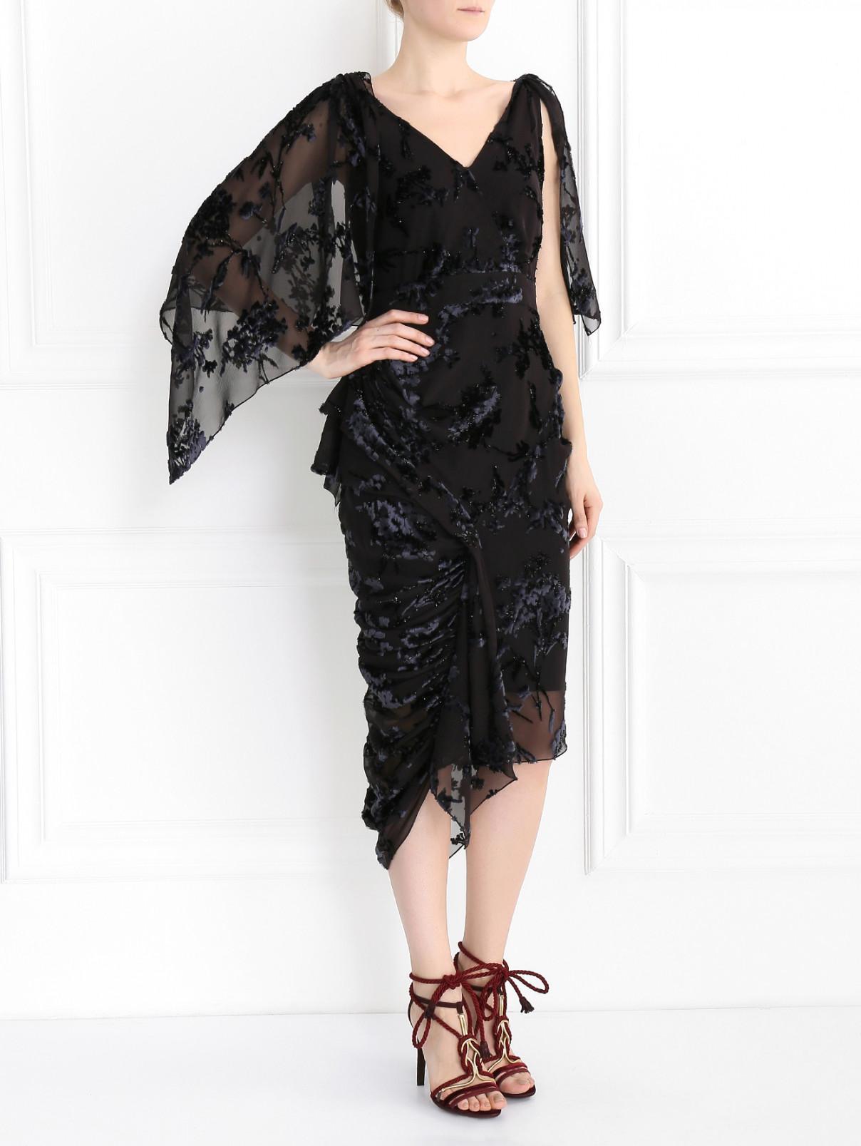 Платье с драпировкой  из шелка с объемным рисунком Zac Posen  –  Модель Общий вид  – Цвет:  Черный