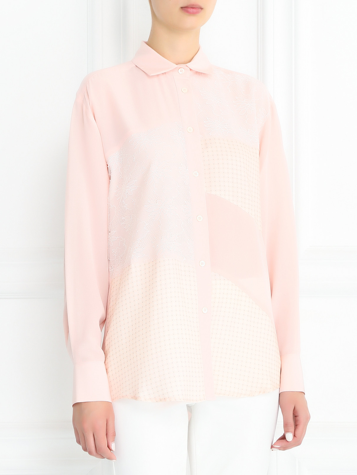 Блуза из шелка с узором и кружевом Paul&Joe  –  Модель Верх-Низ  – Цвет:  Розовый