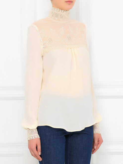 Блуза из шелка с кружевной вставкой - Модель Верх-Низ