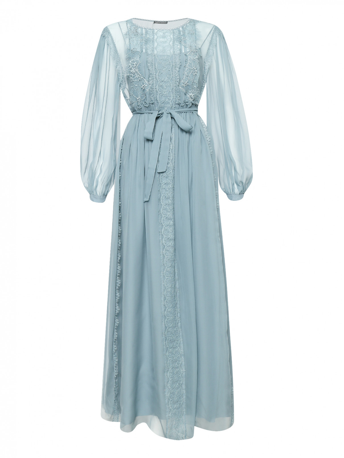 Платье-макси из шелка декорированное кружевом Alberta Ferretti  –  Общий вид  – Цвет:  Синий