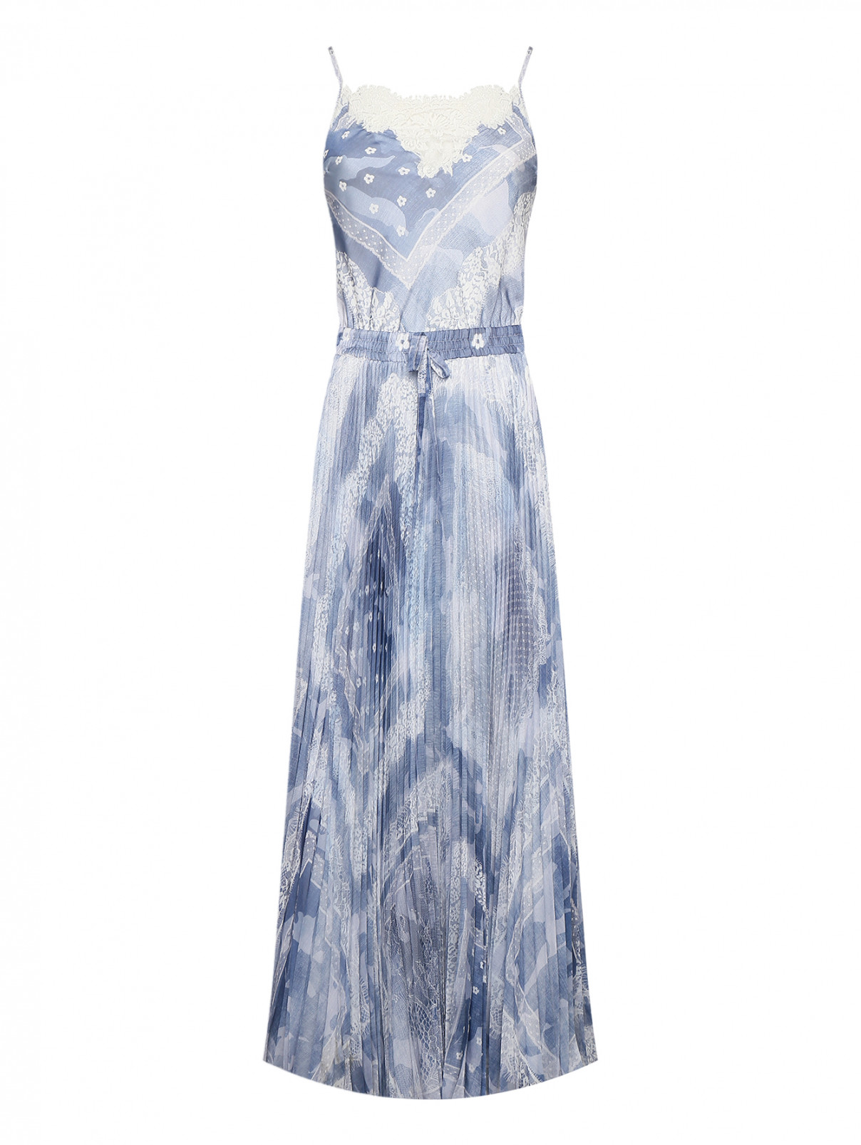 Платье с кружевом и плиссировкой Ermanno Firenze  –  Общий вид  – Цвет:  Синий