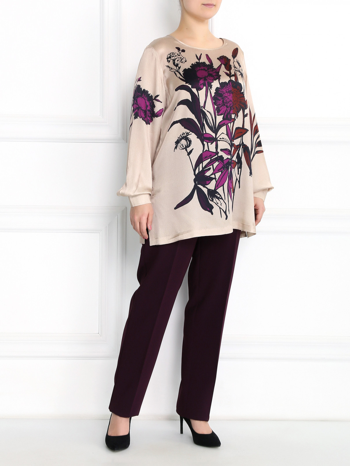 Блуза из шелка с цветочным узором Marina Rinaldi  –  Модель Общий вид  – Цвет:  Бежевый