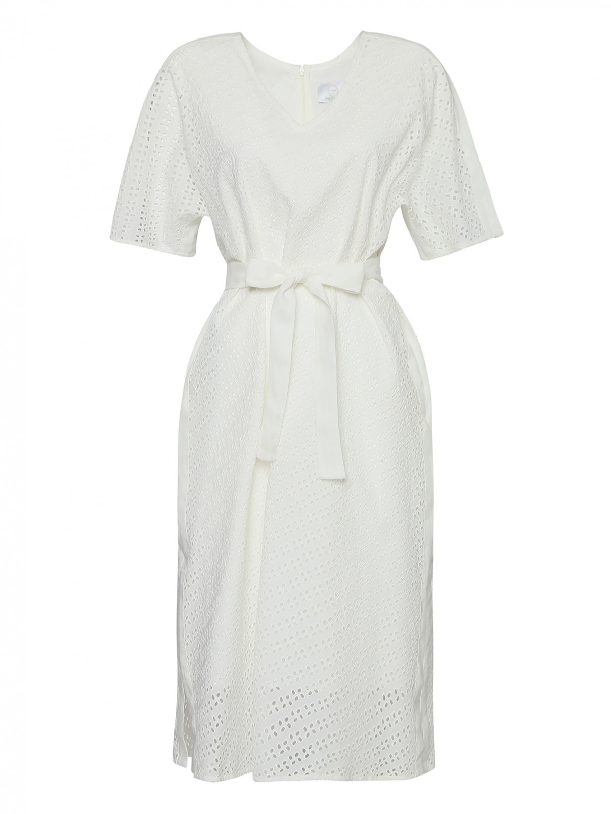 Платье хлопковое, с поясом Marina Rinaldi  –  Общий вид  – Цвет:  Белый
