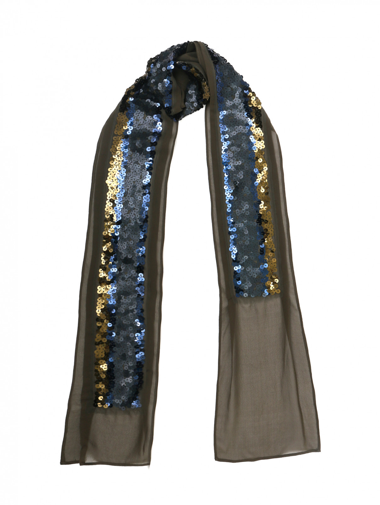 Узкий шарф из шелка декорированный пайетками Dorothee Schumacher  –  Общий вид  – Цвет:  Зеленый
