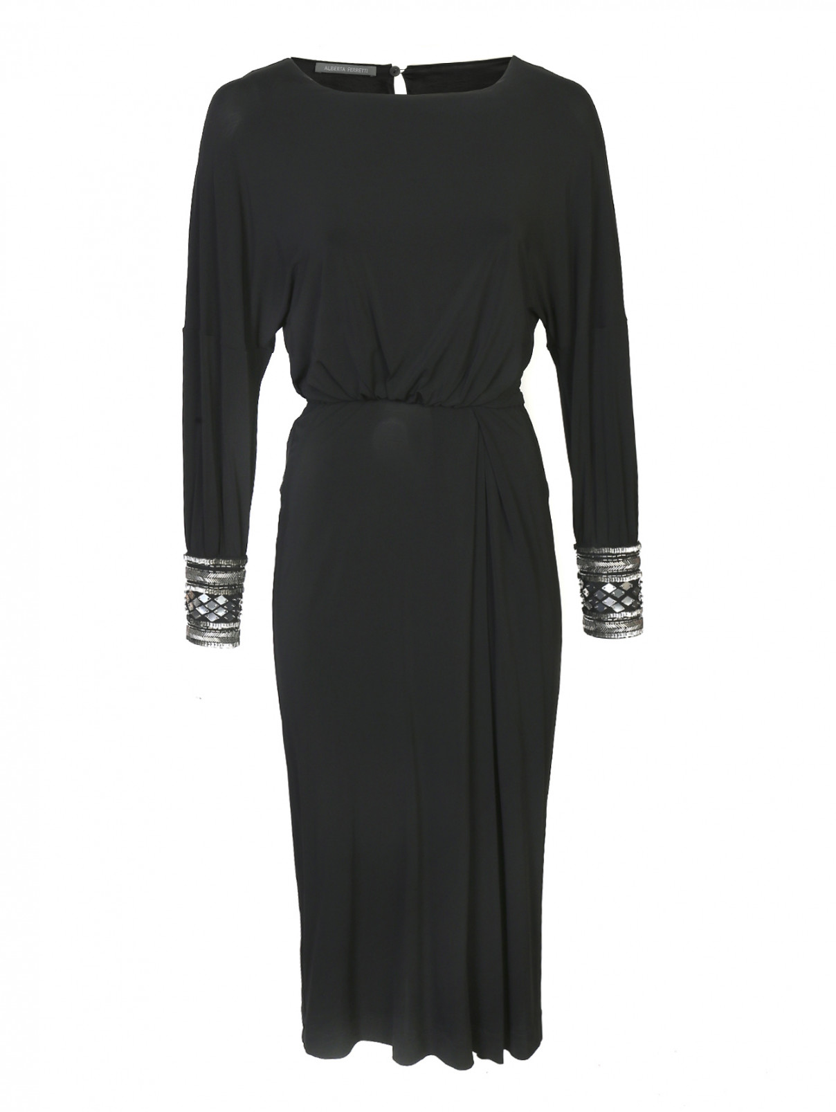 Платье-миди с декоративной отделкой на рукавах Alberta Ferretti  –  Общий вид  – Цвет:  Черный