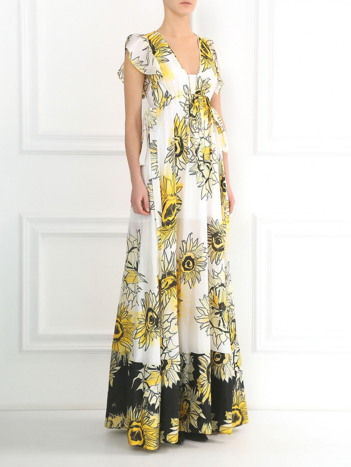 Платье-макси из шелка с цветочным узором N21  –  Модель Общий вид  – Цвет:  Белый
