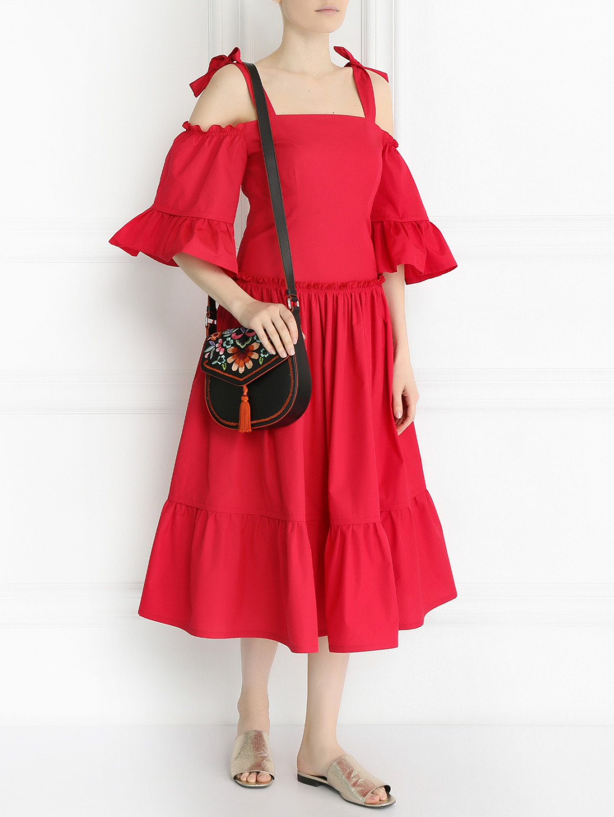 Платье из хлопка со спущенным рукавом Alberta Ferretti  –  Модель Общий вид  – Цвет:  Красный