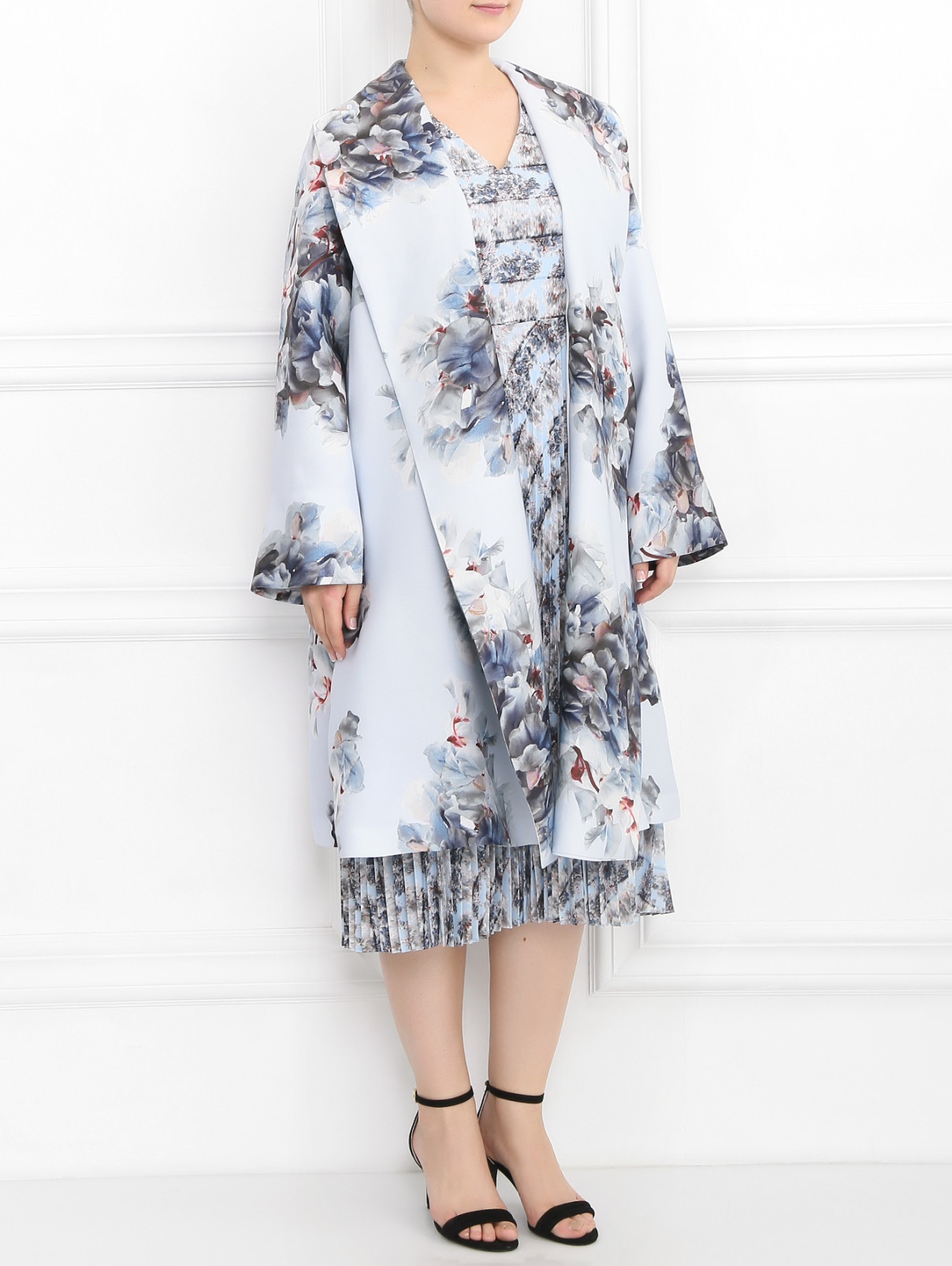 Легкое пальто из шелка с цветочным узором Marina Rinaldi  –  Модель Общий вид  – Цвет:  Синий