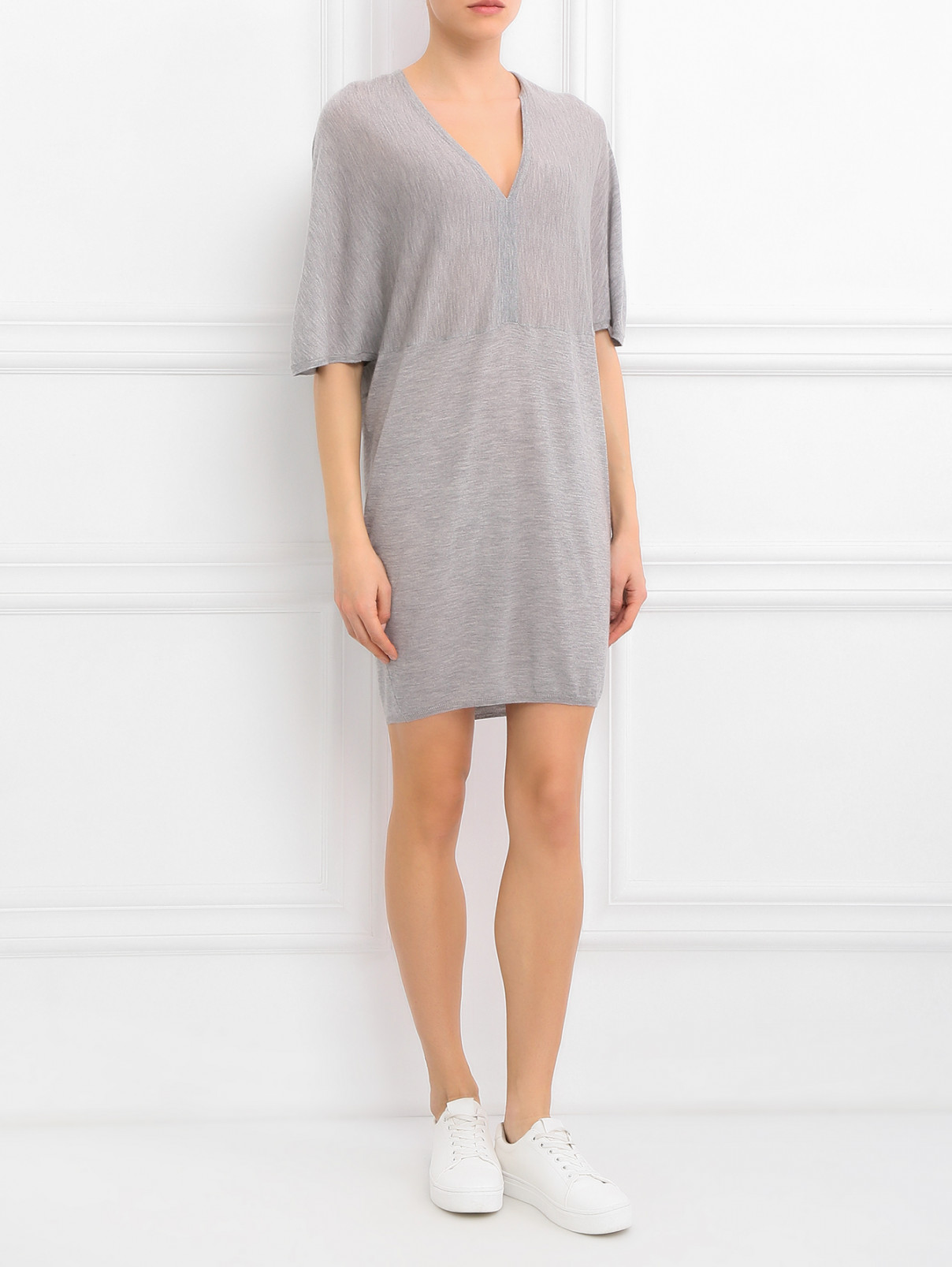 Платье из кашемира с V - образным вырезом Paul&Joe  –  Модель Общий вид  – Цвет:  Серый