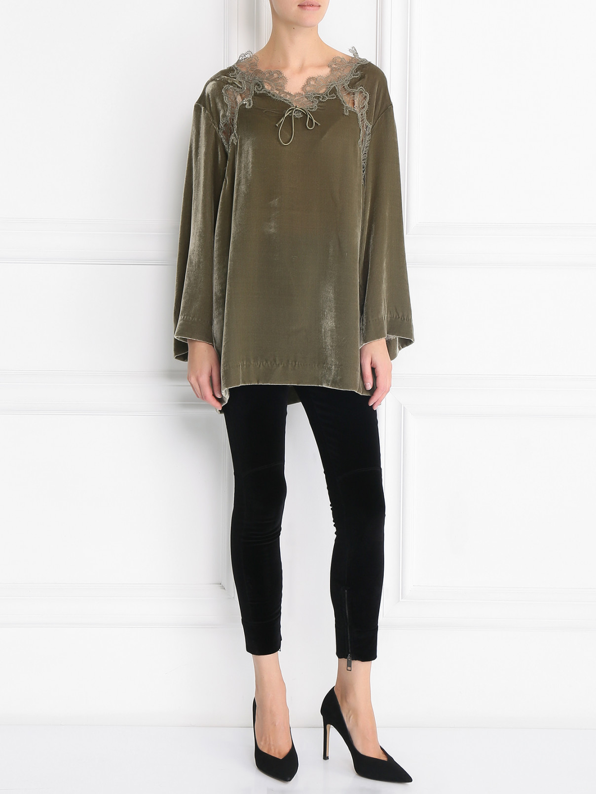 Бархатная блуза из смешанного шелка с декором Ermanno Scervino  –  Модель Общий вид  – Цвет:  Зеленый
