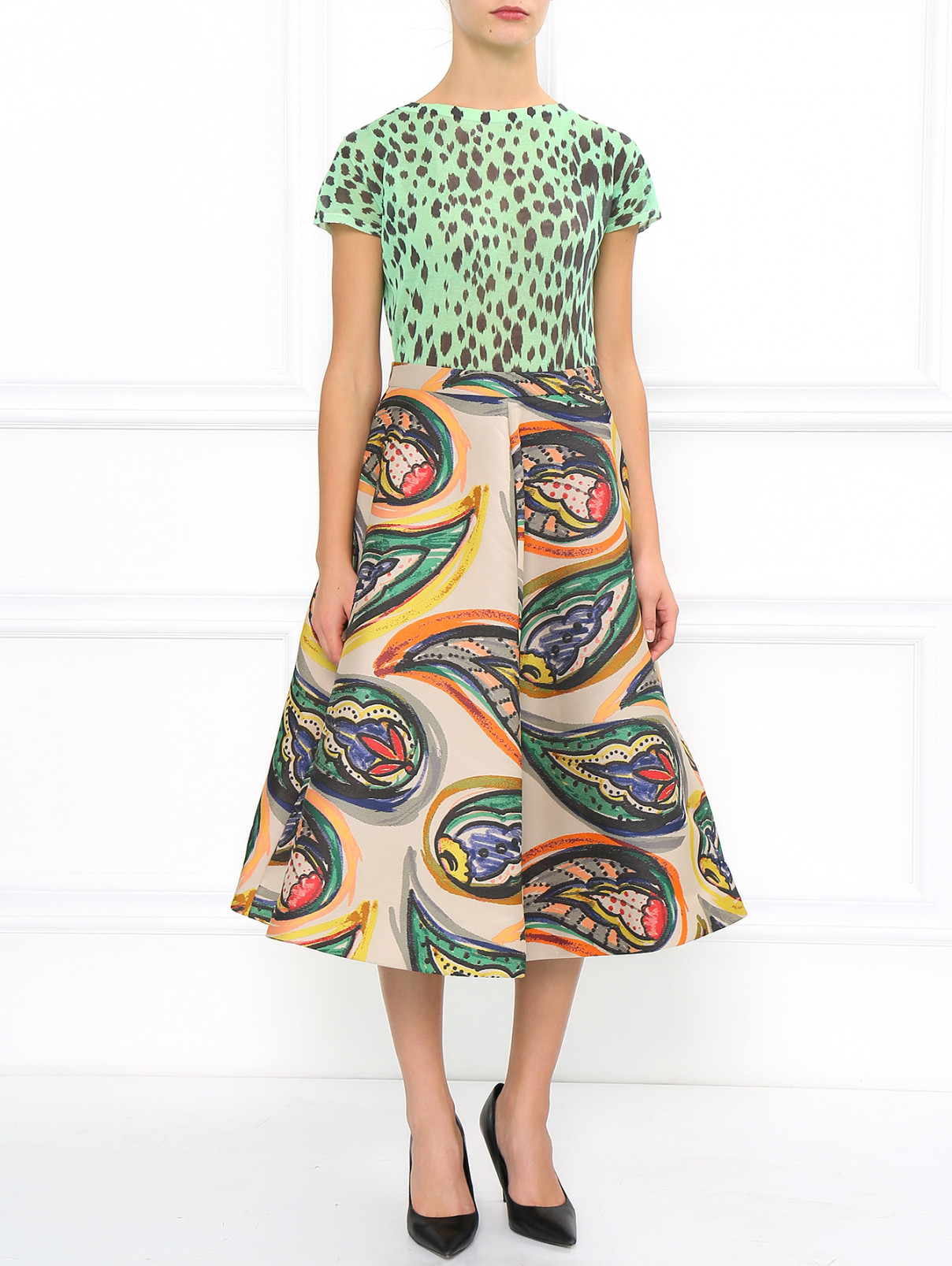 Жаккардовая юбка с абстрактным принтом Vika Gazinskaya  –  Модель Общий вид  – Цвет:  Бежевый