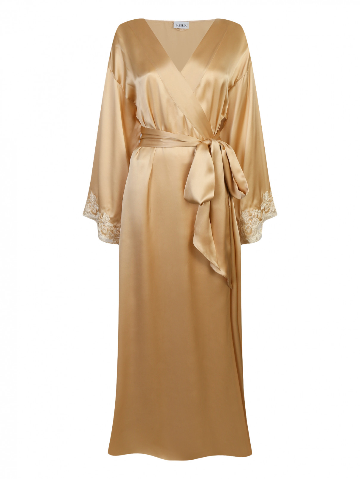 Удлиненный халат из шелка с кружевной отделкой La Perla  –  Общий вид  – Цвет:  Золотой