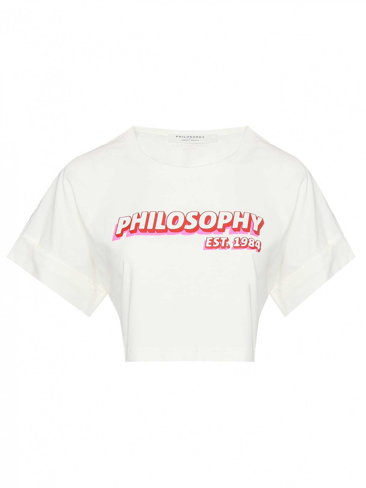 Укороченная футболка из хлопка с принтом Philosophy di Lorenzo Serafini  –  Общий вид  – Цвет:  Белый