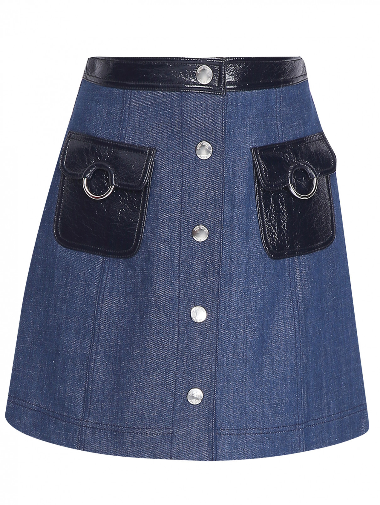 Джинсовая юбка-мини из хлопка с накладными карманами Moschino Boutique  –  Общий вид  – Цвет:  Синий