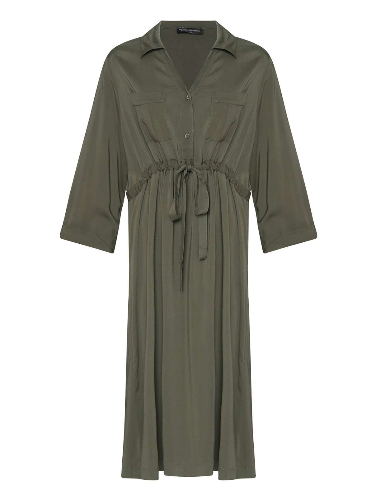 Платье-миди свободного кроя с карманами Pietro Brunelli  –  Общий вид  – Цвет:  Зеленый